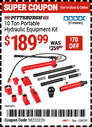 Harbor Freight Coupons, HF Coupons, 20% off - PITTSBURGH 10 Ton Portable Hydraulic Equipment Kit 