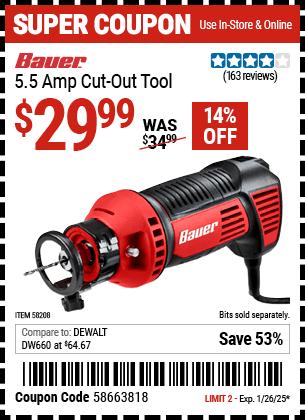 Harbor Freight Coupons, HF Coupons, 20% off - BAUER 5.5 Amp Cut-out Tool for $29.99