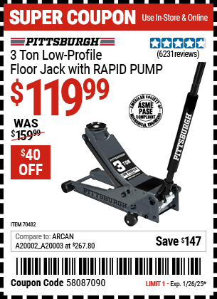 Harbor Freight Coupons, HF Coupons, 20% off - PITTSBURGH 3-Ton Low-Profile Floor Jack with RAPID PUMP 