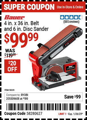 Harbor Freight Coupons, HF Coupons, 20% off - 4 in. x 36 in. Belt and 6 in. Disc Sander