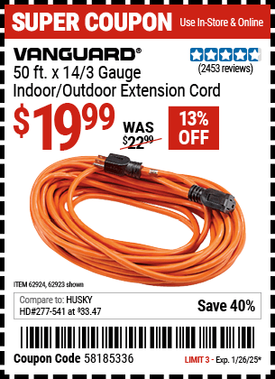 Harbor Freight Coupons, HF Coupons, 20% off - 50ft.x14gauge Outdoor Extension Cord