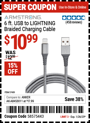 Harbor Freight Coupons, HF Coupons, 20% off - 6 ft. USB to LIGHTNING Braided Charging Cable