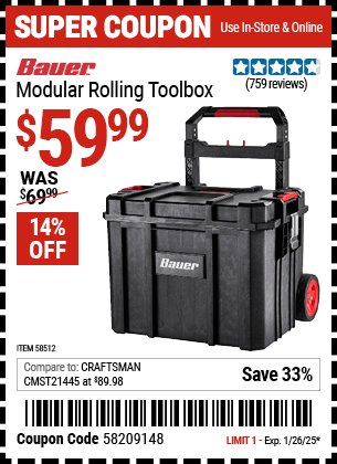 Harbor Freight Coupons, HF Coupons, 20% off - BAUER Modular Rolling Tool Box 