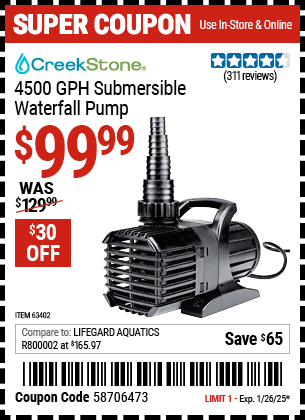 Harbor Freight Coupons, HF Coupons, 20% off - Creekstone 4500gph Submersible Waterfall Pump