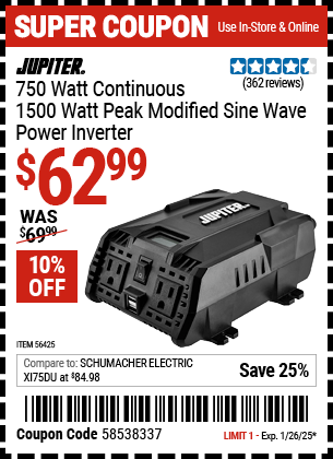 Harbor Freight Coupons, HF Coupons, 20% off - 750 Watt Continuous/1500 Watt Peak Modified Sine Wave Power Inverter