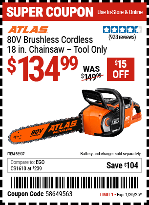 Harbor Freight Coupons, HF Coupons, 20% off - ATLAS 80v Lithium-Ion Cordless 18 in. Brushless Chainsaw 