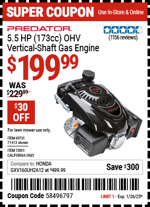 Harbor Freight Coupons, HF Coupons, 20% off - PREDATOR 5.5 HP (173cc) OHV Vertical Shaft Gas Engine 