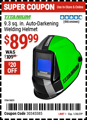 Harbor Freight Coupons, HF Coupons, 20% off - TITANIUM 9.3 sq. in. Auto Darkening Welding Helmet 