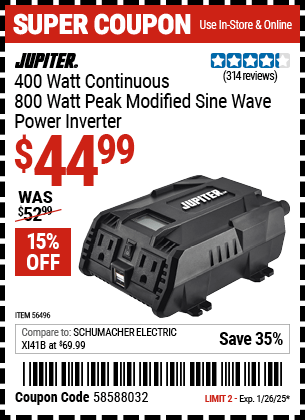 Harbor Freight Coupons, HF Coupons, 20% off - 400 Watt Continuous/800 Watt Peak Modified Sine Wave Power Inverter