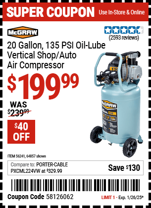 Harbor Freight Coupons, HF Coupons, 20% off - Mcgraw 20 Gallon, 135 Psi Oil-lube Air Compressor