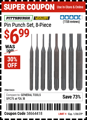 Harbor Freight Coupons, HF Coupons, 20% off - 8 Piece Pin Punch Set