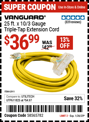 Harbor Freight Coupons, HF Coupons, 20% off - 25 Ft X 10 Gauge Triple Tap Extension Cord