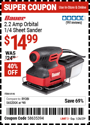 Harbor Freight Coupons, HF Coupons, 20% off - 2.2 Amp 1/4 Sheet Heavy Duty Palm Finishing Sander