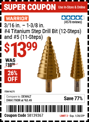 Harbor Freight Coupons, HF Coupons, 20% off - 2 Piece Titanium Nitride Coated High Speed Steel Step Drill Bits