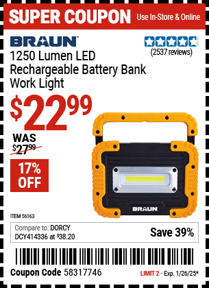 Harbor Freight Coupons, HF Coupons, 20% off - 1250 Lumen Rechargeable Work Light Battery Bank