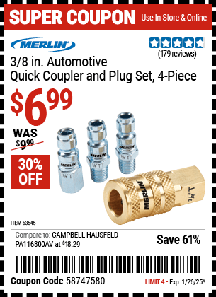 Harbor Freight Coupons, HF Coupons, 20% off - 3/8 in. Automotive Quick Coupler and Plug Set, 4 Pc.