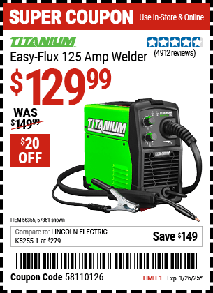 Harbor Freight Coupons, HF Coupons, 20% off - TITANIUM Easy-Flux 125 Amp Welder 