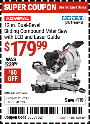 Harbor Freight Coupons, HF Coupons, 20% off - 12 in. Dual-Bevel Sliding Compound Miter Saw with LED & Laser Guide