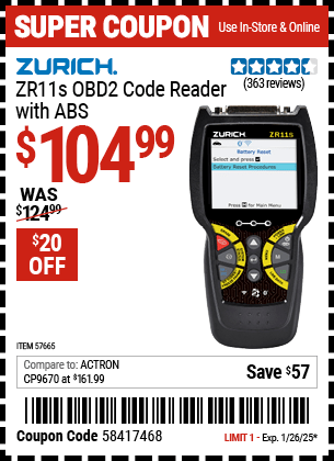 Harbor Freight Coupons, HF Coupons, 20% off - ZURICH ZR11S OBD2 Code Reader with ABS 