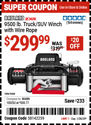 Harbor Freight Coupons, HF Coupons, 20% off - BADLAND ZXR 9500 lb. Truck/SUV Winch with Wire Rope 