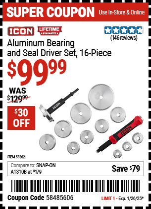 Harbor Freight Coupons, HF Coupons, 20% off - ICON Aluminum Bearing and Seal Driver Set for $89.99