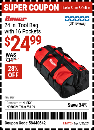 Harbor Freight Coupons, HF Coupons, 20% off - BAUER 24 in. Tool Bag with 16 Pockets for $24.99