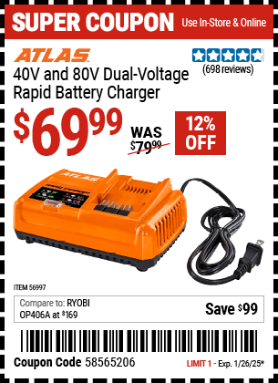 Harbor Freight Coupons, HF Coupons, 20% off - 40v and 80v Dual Voltage Rapid Battery Charger