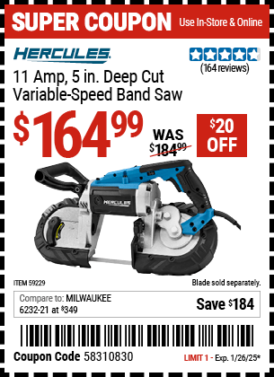 Harbor Freight Coupons, HF Coupons, 20% off - HERCULES 11 Amp, 5 in. Deep Cut Variable-Speed Band Saw for $129.99