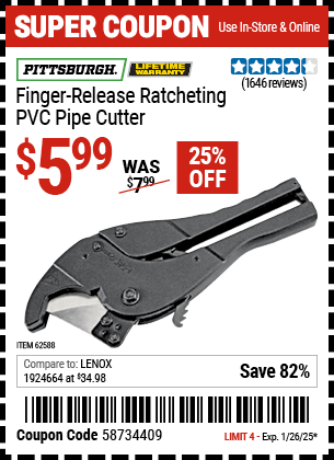 Harbor Freight Coupons, HF Coupons, 20% off - Finger Release Ratcheting Pvc Cutter