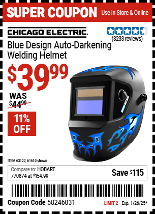 Harbor Freight Coupons, HF Coupons, 20% off - Auto-darkening Welding Helmet With Blue Flame Design