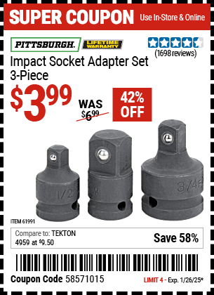 Harbor Freight Coupons, HF Coupons, 20% off - 3 Piece Impact Socket Adaptor Set