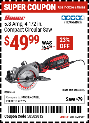 Harbor Freight Coupons, HF Coupons, 20% off - 4-1/2 In. 5.8 Amp Compact Circular Saw