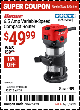 Harbor Freight Coupons, HF Coupons, 20% off - BAUER 1-1/4 HP 1/4 in. Variable Speed Compact Router 