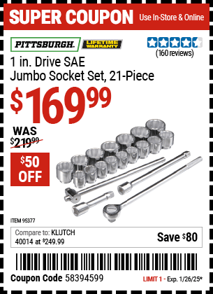 Harbor Freight Coupons, HF Coupons, 20% off - PITTSBURGH 1 in. Drive SAE Jumbo Heavy Duty Socket Set 21 Pc. for $189.99