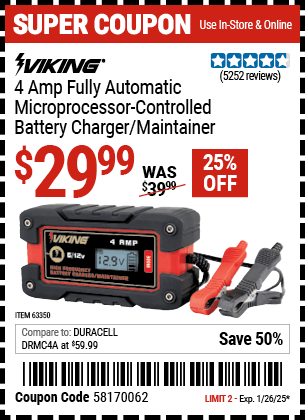 Harbor Freight Coupons, HF Coupons, 20% off - 4 Amp Fully Automatic Microprocessor Controlled Battery Charger/maintainer