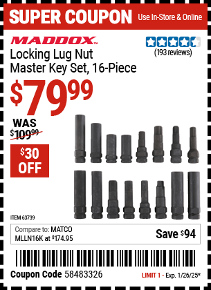 Harbor Freight Coupons, HF Coupons, 20% off - 16 Piece Locking Lug Nut Master Key Set