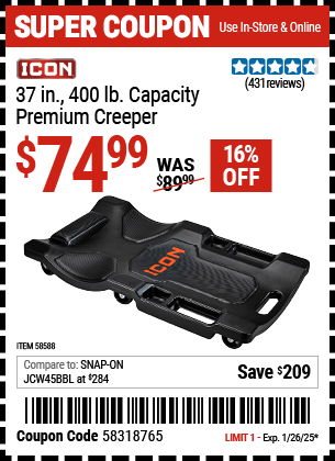 Harbor Freight Coupons, HF Coupons, 20% off - ICON 37 in. 400 lb. Capacity Premium Creeper for $74.99