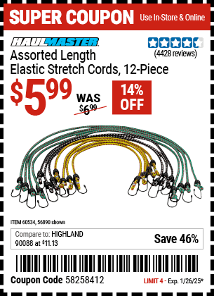 Harbor Freight Coupons, HF Coupons, 20% off - 12 Piece Assorted Length Elastic Stretch Cords