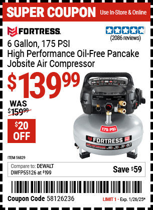 Harbor Freight Coupons, HF Coupons, 20% off - FORTRESS 6 Gallon 175 PSI High Performance Hand Carry Jobsite Air Compressor for $119.99