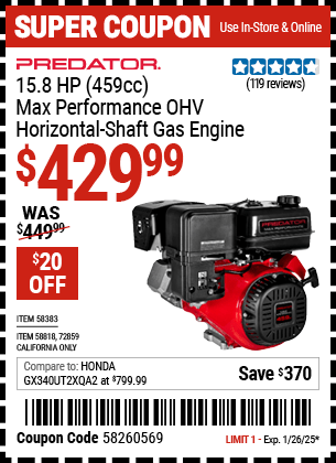 Harbor Freight Coupons, HF Coupons, 20% off - PREDATOR 15.8 HP (459cc) OHV Horizontal-Shaft Gas Engine for $419.99