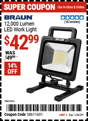 Harbor Freight Coupons, HF Coupons, 20% off - BRAUN 12 -000 Lumen LED Work Light for $42.99