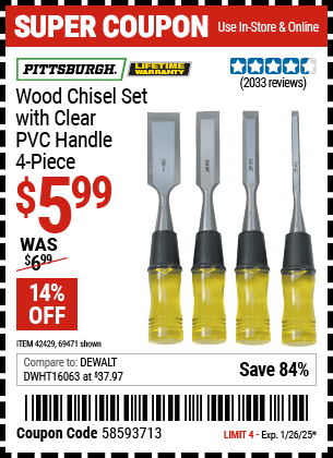 Harbor Freight Coupons, HF Coupons, 20% off - 4 Piece Wood Chisel Set