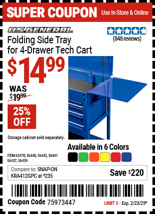 Harbor Freight Coupons, HF Coupons, 20% off - 4 Drawer Tech Cart Folding Side Trays