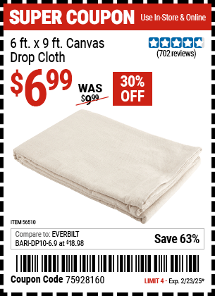 Harbor Freight Coupons, HF Coupons, 20% off - 6 x 9  Canvas Drop Cloth