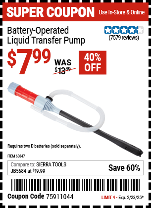 Harbor Freight Coupons, HF Coupons, 20% off - Battery Operated Liquid Transfer Pump