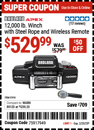 Harbor Freight Coupons, HF Coupons, 20% off - APEX 12,000 lb. Winch with Steel Rope and Wireless Remote