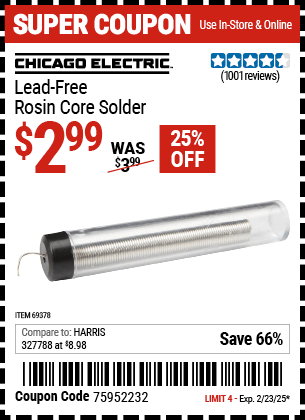 Harbor Freight Coupons, HF Coupons, 20% off - Lead-free Rosin Core Solder