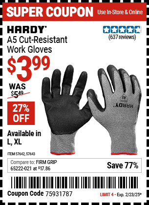 Harbor Freight Coupons, HF Coupons, 20% off - HARDY A5 Cut Resistant Work Gloves Large 