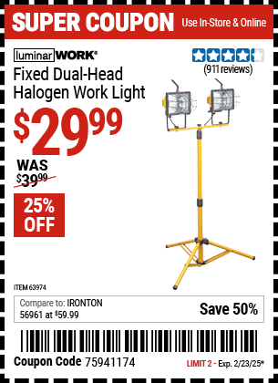 Harbor Freight Coupons, HF Coupons, 20% off - 1000 Watt Fixed Dual Head Halogen Shop Light