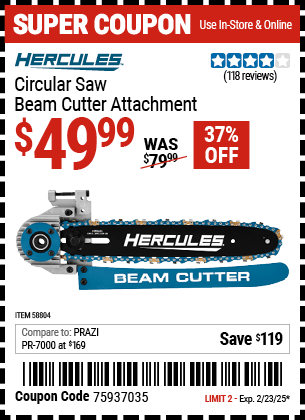 Harbor Freight Coupons, HF Coupons, 20% off - HERCULES Circular Saw Beam Cutter Attachment for $49.99